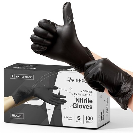 FIFTHPULSE Nitrile Exam Gloves, 4.5 ml Palm, Nitrile, Powder-Free, S, 100 PK, Black FP-FMN100439